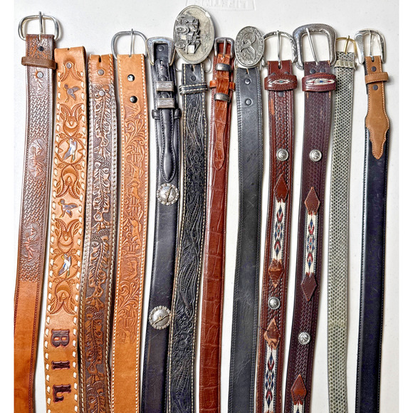 Men's Western Leather Belt and Buckle Lot 12 Tooled Style Cowboy Texas Vintage